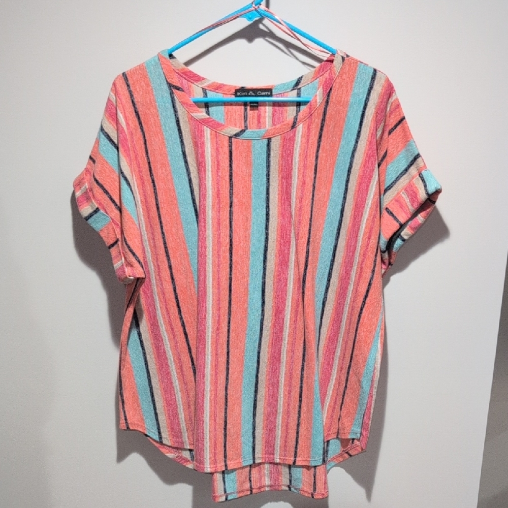 Kim & Cami Coral, Teal & Black Striped Short Sleeve Top
